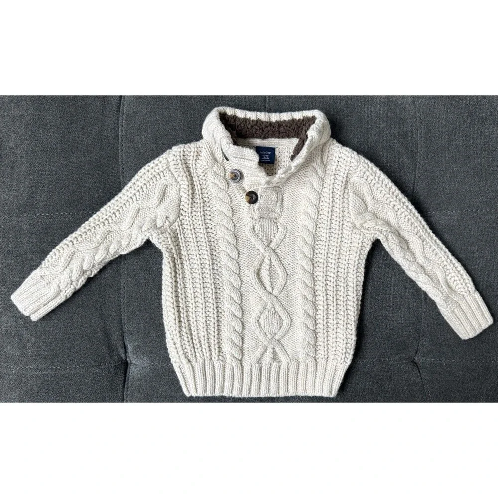 BabyGap Boys 12/18 Beige Cable Knit Sweater~Brown Sherpa Lined Collar